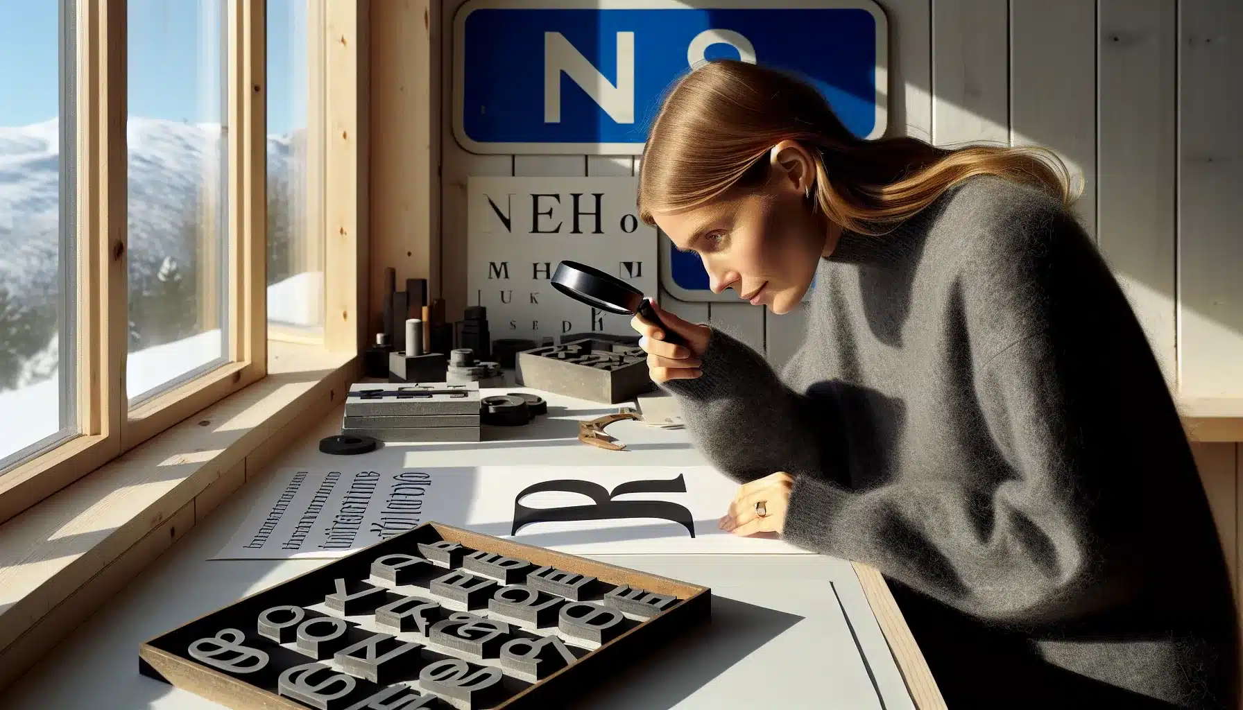 Historien bak typografiske termer: fra serif til sans-serif 2 Hands compare serif and sans-serif letters in a nordic typographer’s studio.