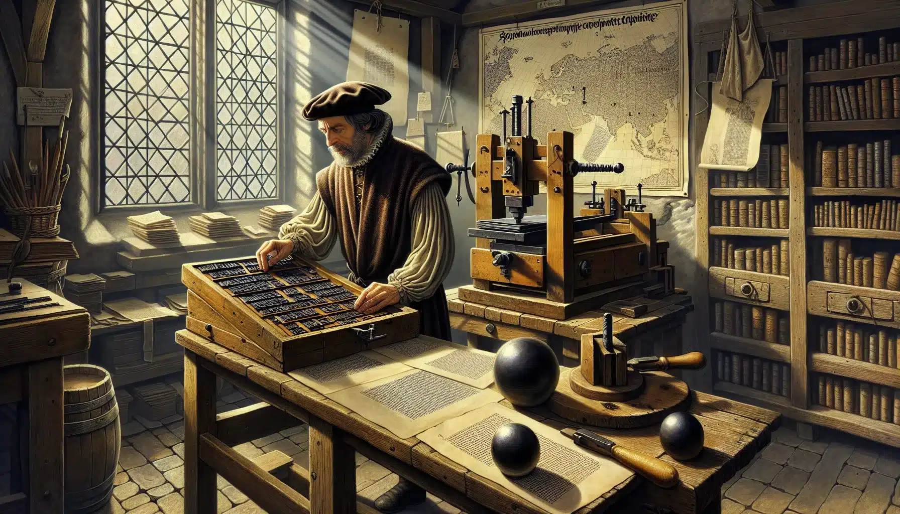 Gutenberg arranges movable type beside a screw press in a sunlit workshop.