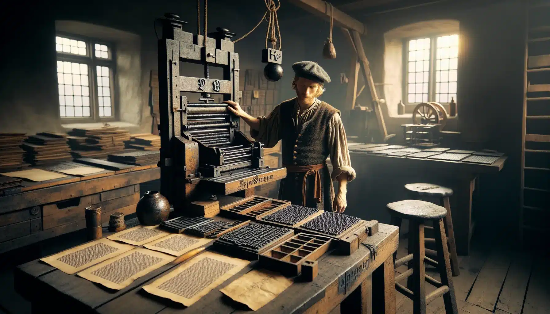 Norwegian printer operates a wooden press as a monk copies by candlelight.