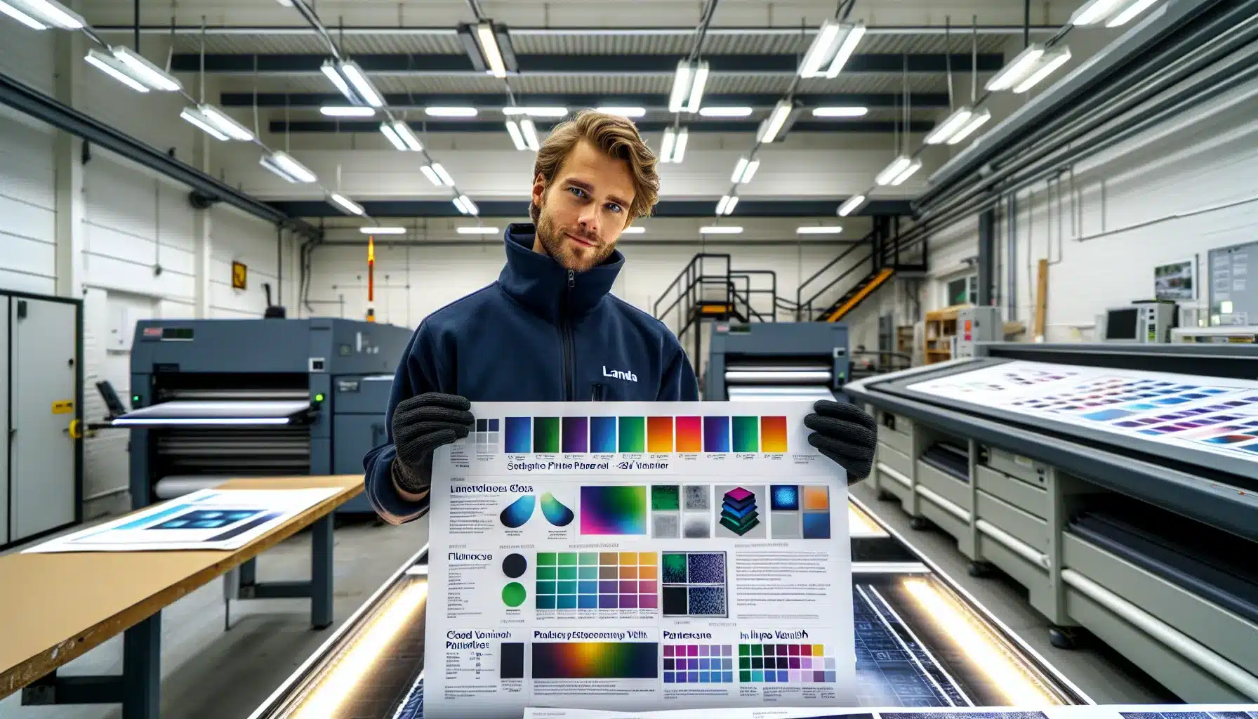 Innovative teknikker i moderne grafisk produksjon 3 Technician inspects cmyk+ print with spot gloss in a modern norwegian print shop.