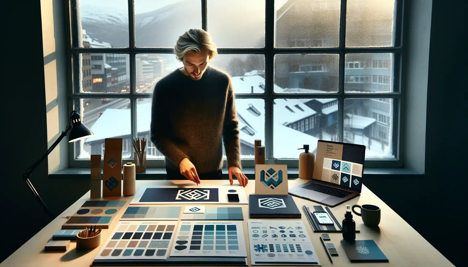 Hvordan grafisk design påvirker merkevarebygging i dagens marked 2 Norwegian designer arranging a consistent brand identity across print and digital mockups.