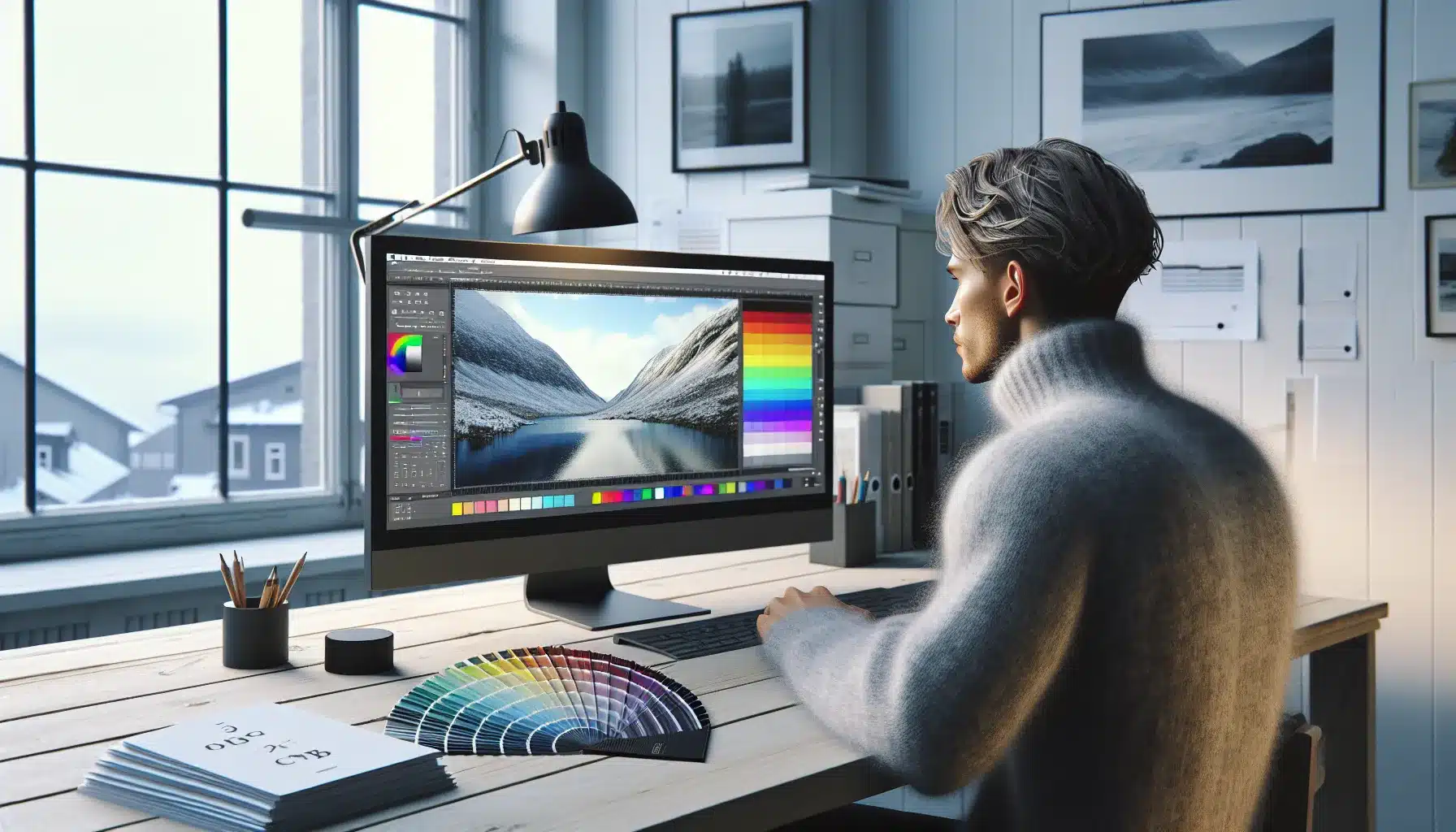 Hvordan forstå og bruke fargemoduser i grafisk arbeid 2 Designer comparing rgb and cmyk on screen with cmyk swatches in oslo.