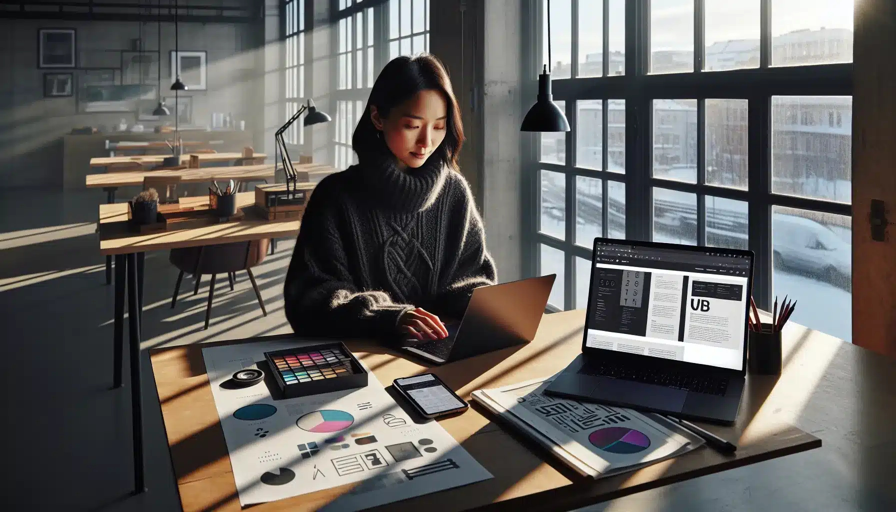 Designer testing accessible layout on laptop phone in sunlight and grayscale printout