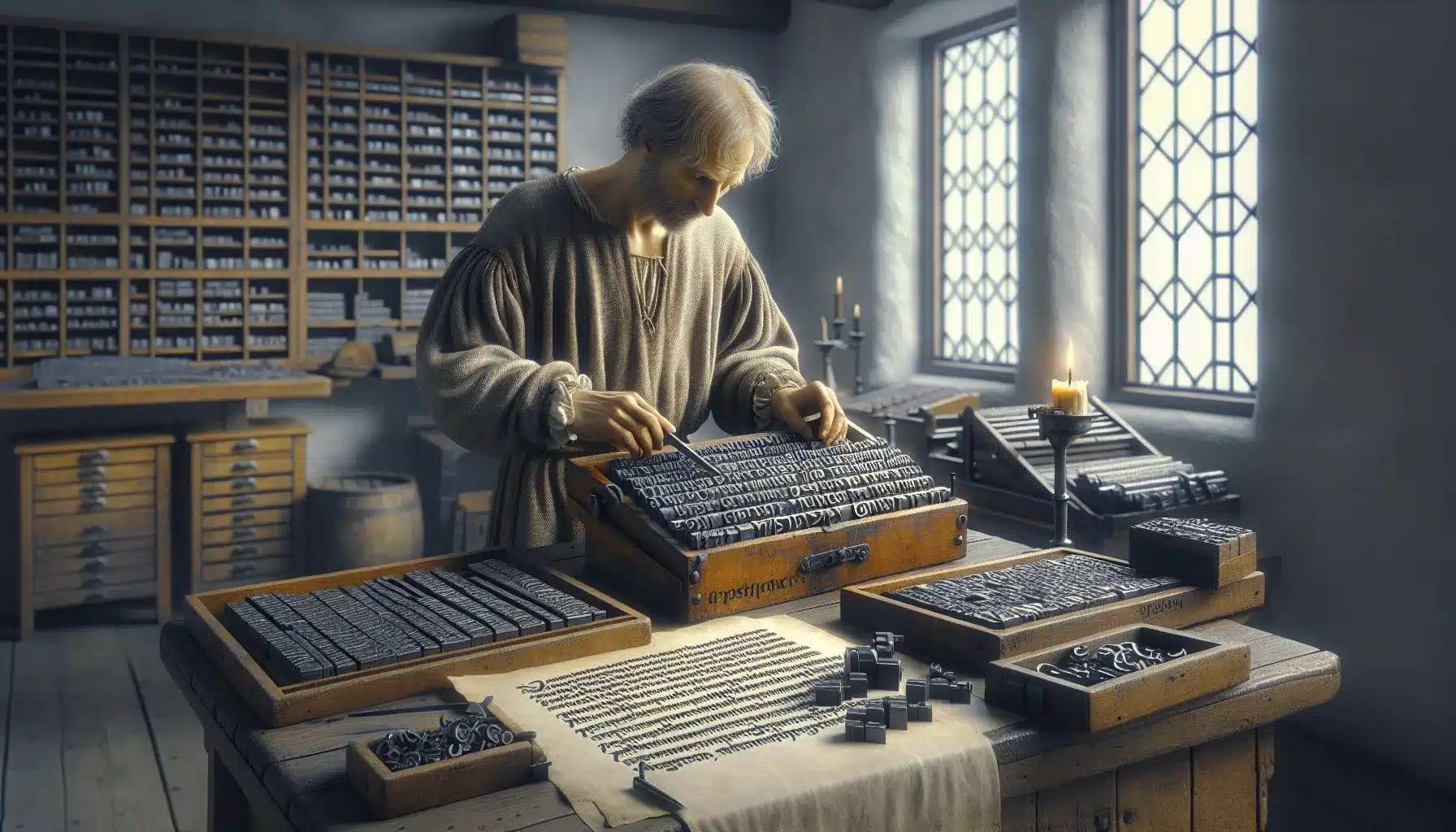 Printer sets movable type as a wooden press looms in the background.