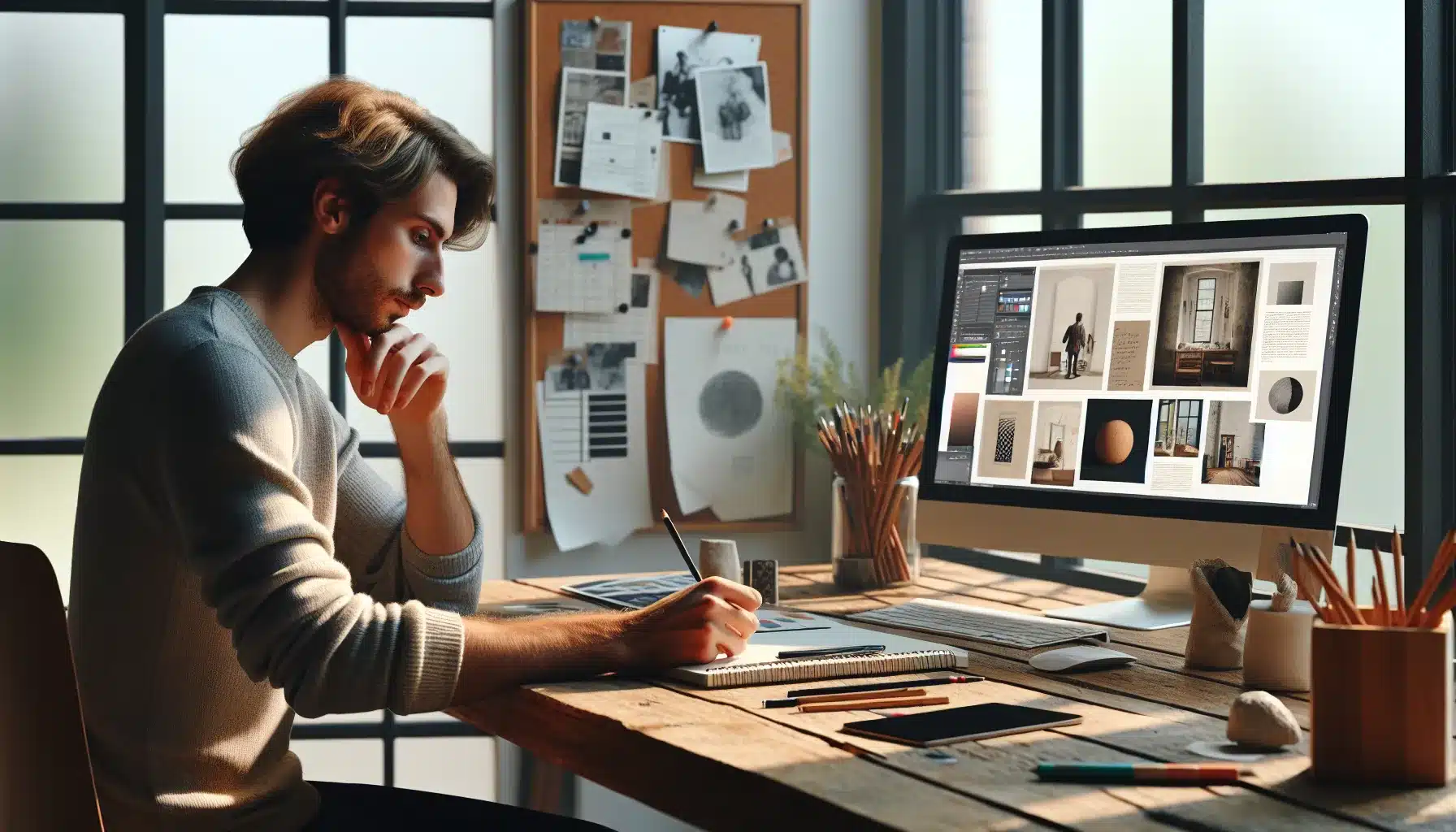 Norwegian designer refining a poster with art-inspired colors and textures on screen.