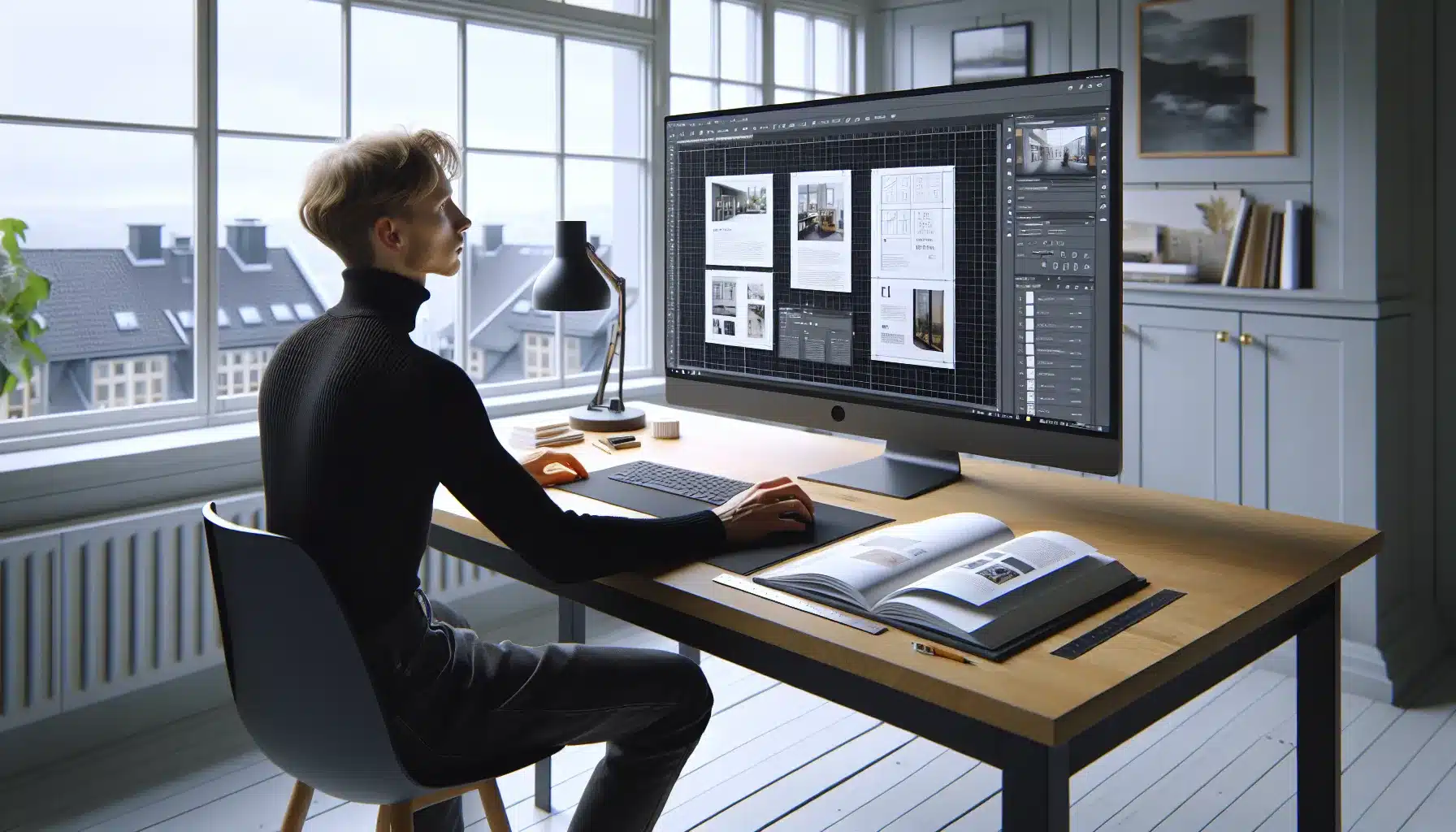 Grafisk terminologi forklart: en guide for nybegynnere 3 Norwegian designer aligns a brochure on a screen using grid and whitespace.