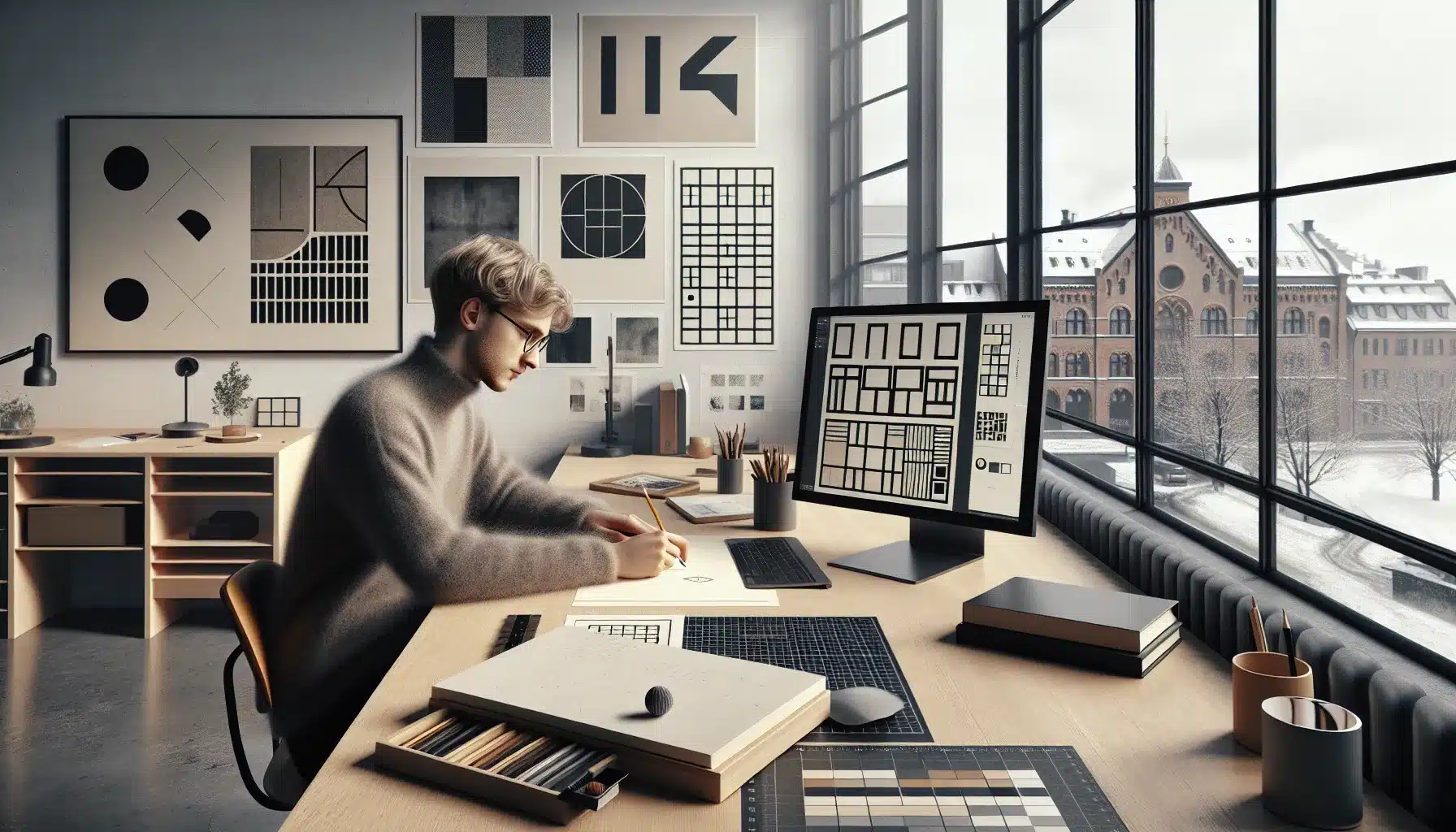 Norwegian designer studies art references while sketching layout composition and contrast.