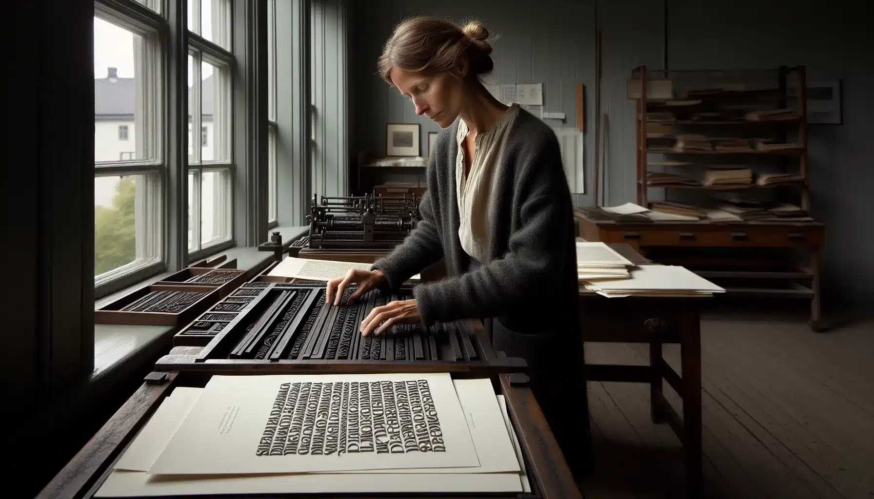 Curator arranging metal type beside garamond, baskerville, and bodoni specimen pages.