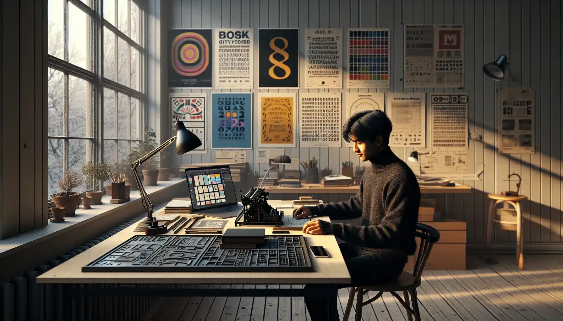 Norwegian designer s desk showing print tools posters and modern ui on screens