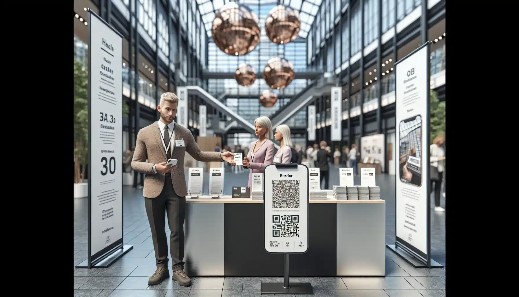 Norwegian trade fair booth with roll up banner brochures and a visitor scanning qr