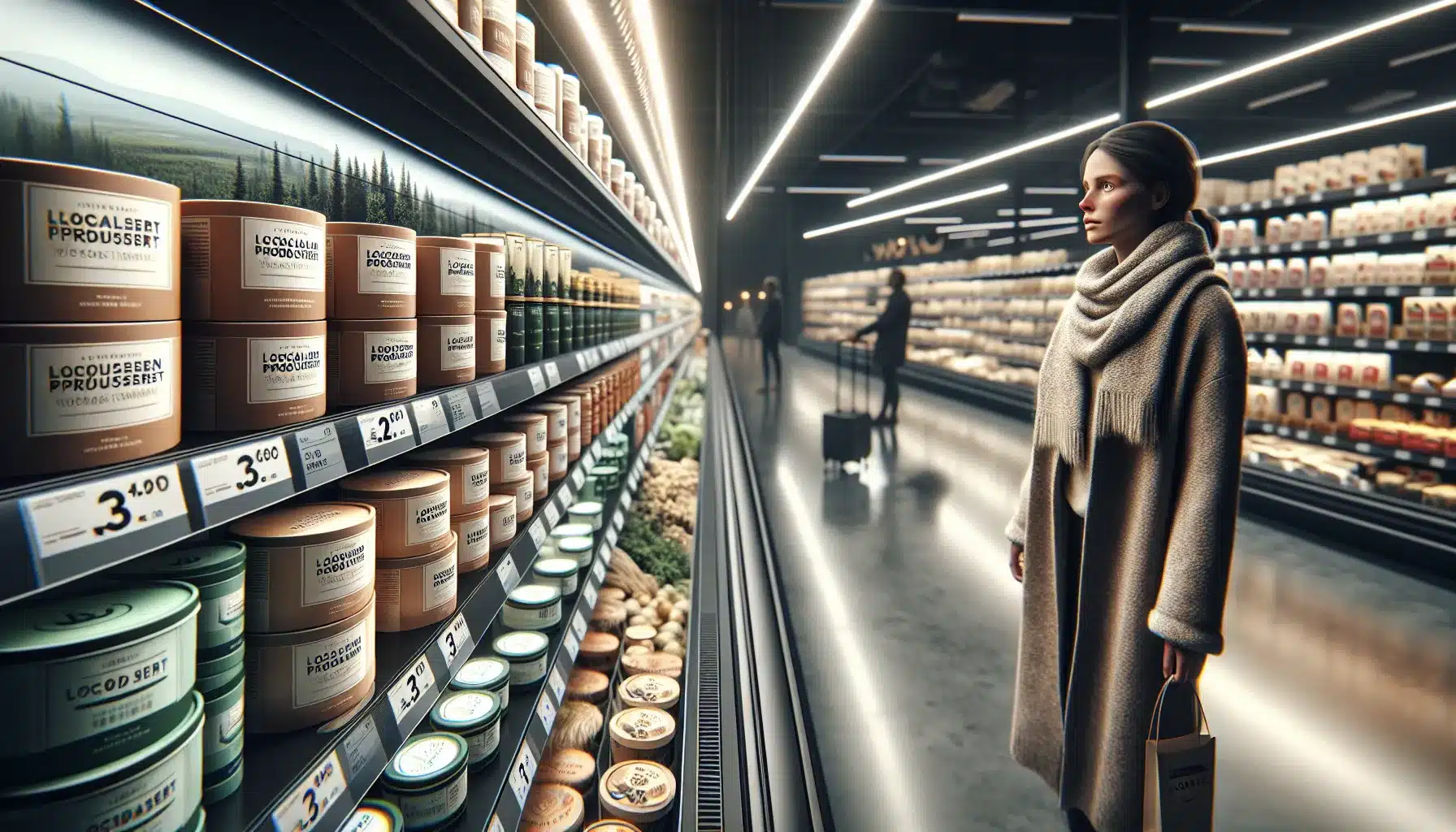 Hvordan bruke grafisk design i butikkmateriell og emballasje 2 Norwegian shopper reaching for a standout, well-designed package on a store shelf.