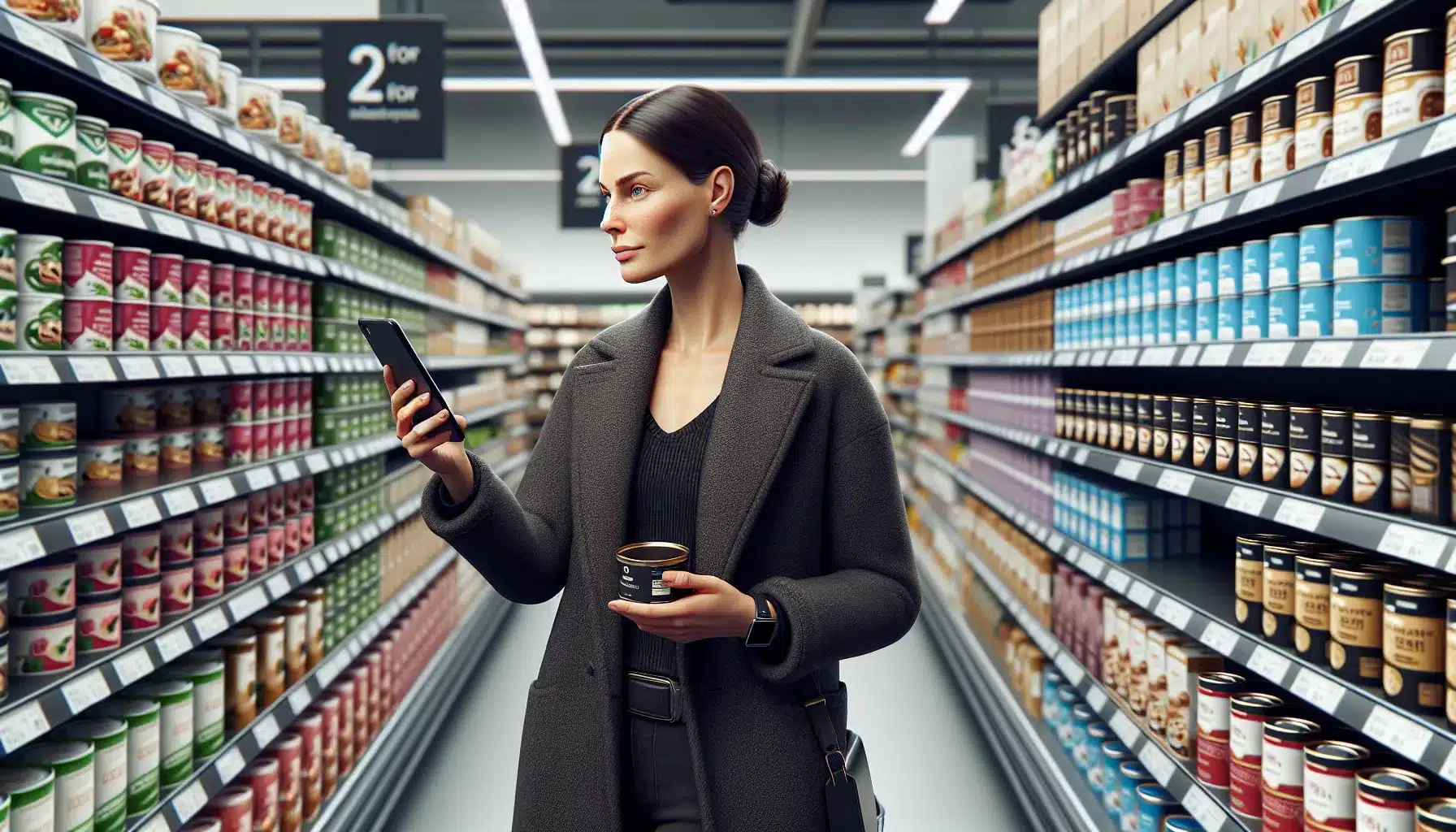 Hvordan bruke grafisk design i butikkmateriell og emballasje 3 Designer evaluating readable, consistent packaging and shelf signage in a norwegian grocery aisle.