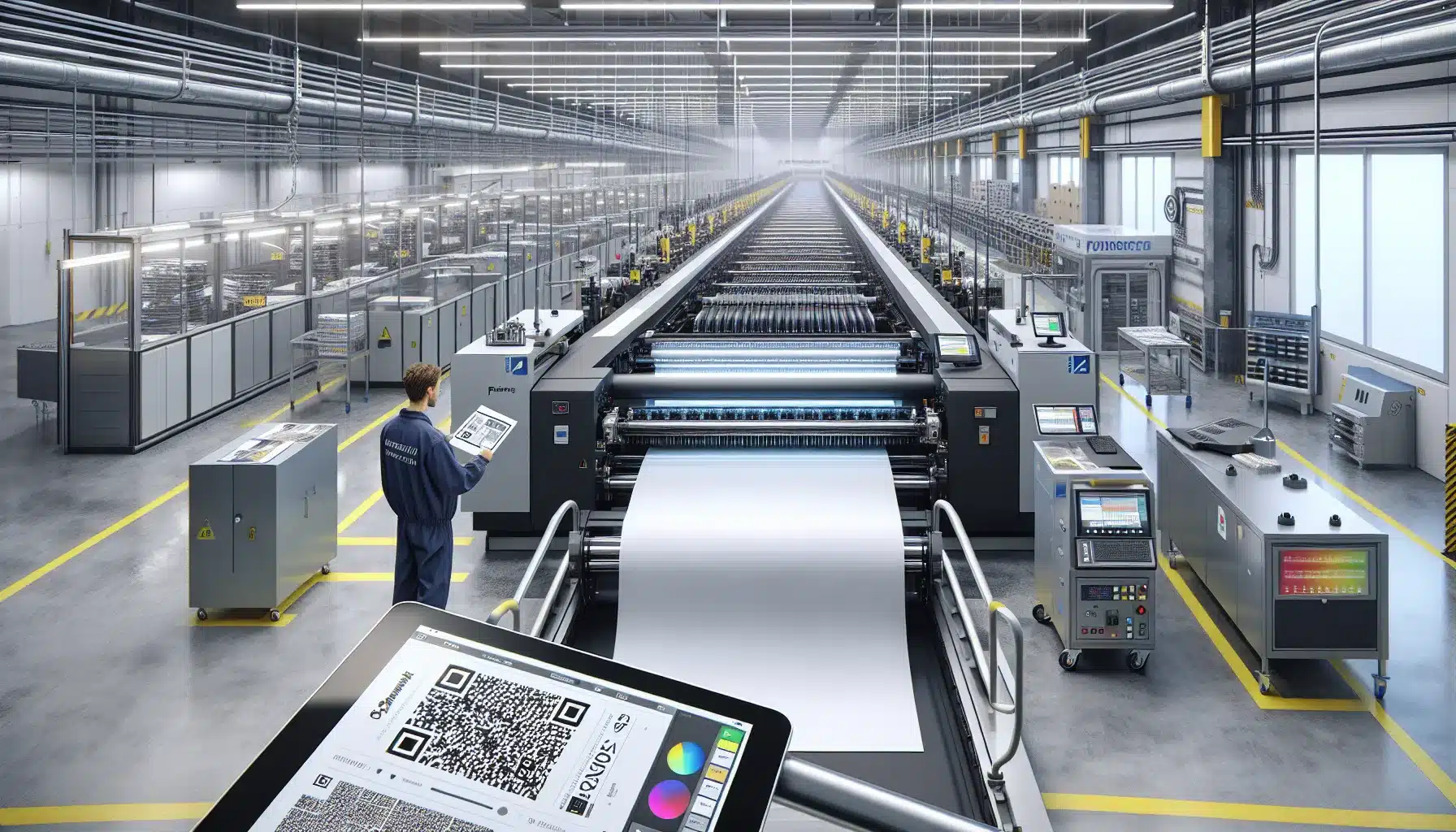 Industrial inkjet press printing qr-coded sheets on a modern norwegian hybrid line.