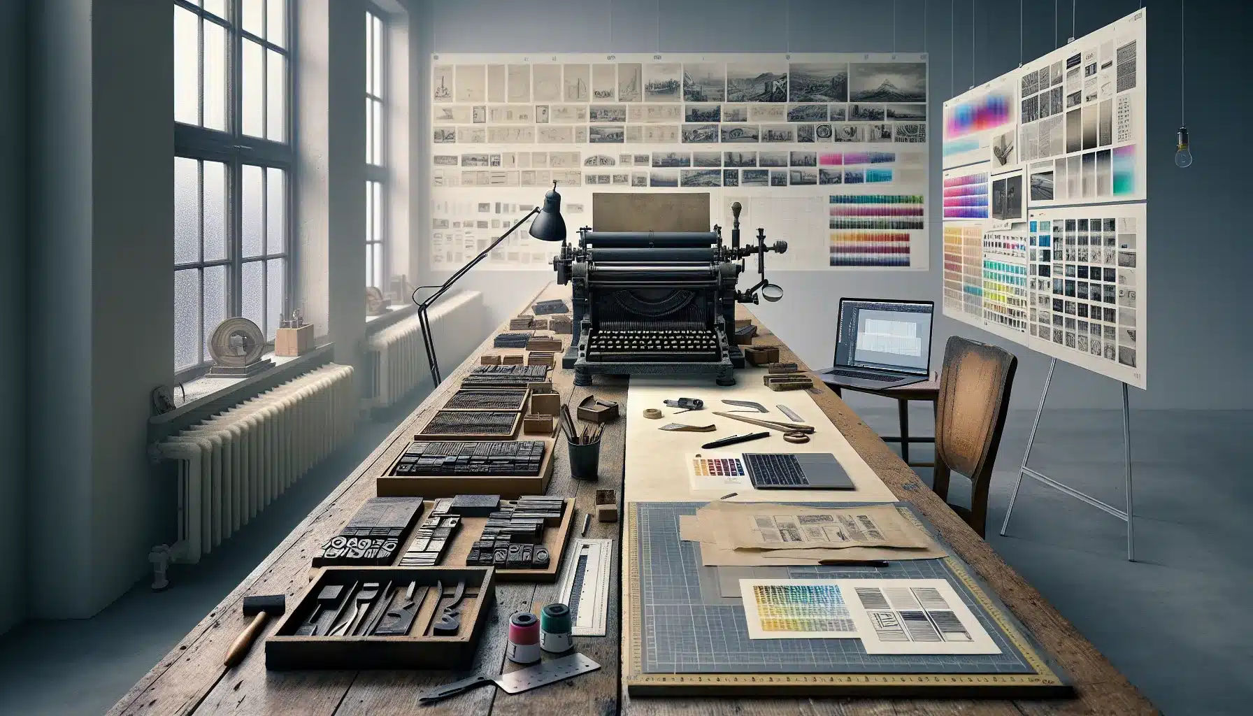 Designer at a desk bridging letterpress printing and modern digital graphic design.