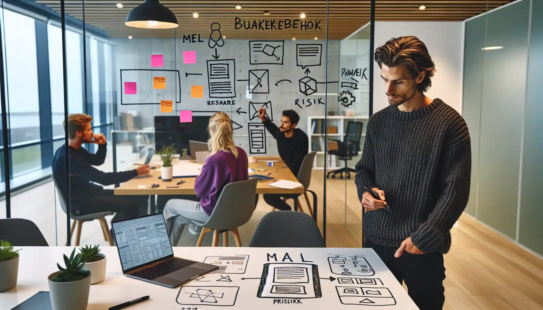 Fra a/b-testing til wireframes: hvordan bruke designbegreper i praksis 2 Ux team in a norwegian office reviewing wireframes and a/b test results.