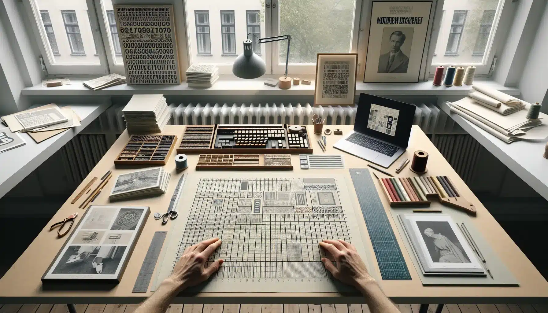 Historiske milepæler i grafisk design: en tidslinje fra trykkekunst til digitalt design 2 Norwegian design desk showing print tools, grids, and digital layouts over time.