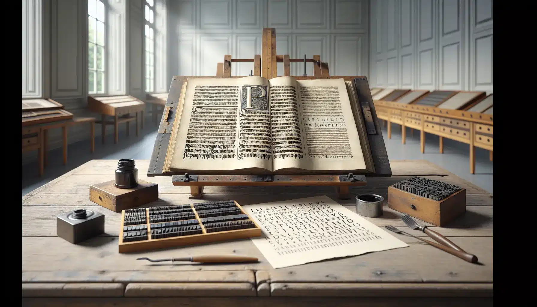 Historiske milepæler i grafisk design: en tidslinje fra trykkekunst til digitalt design 3 Open early printed book with movable type blocks on a museum table.