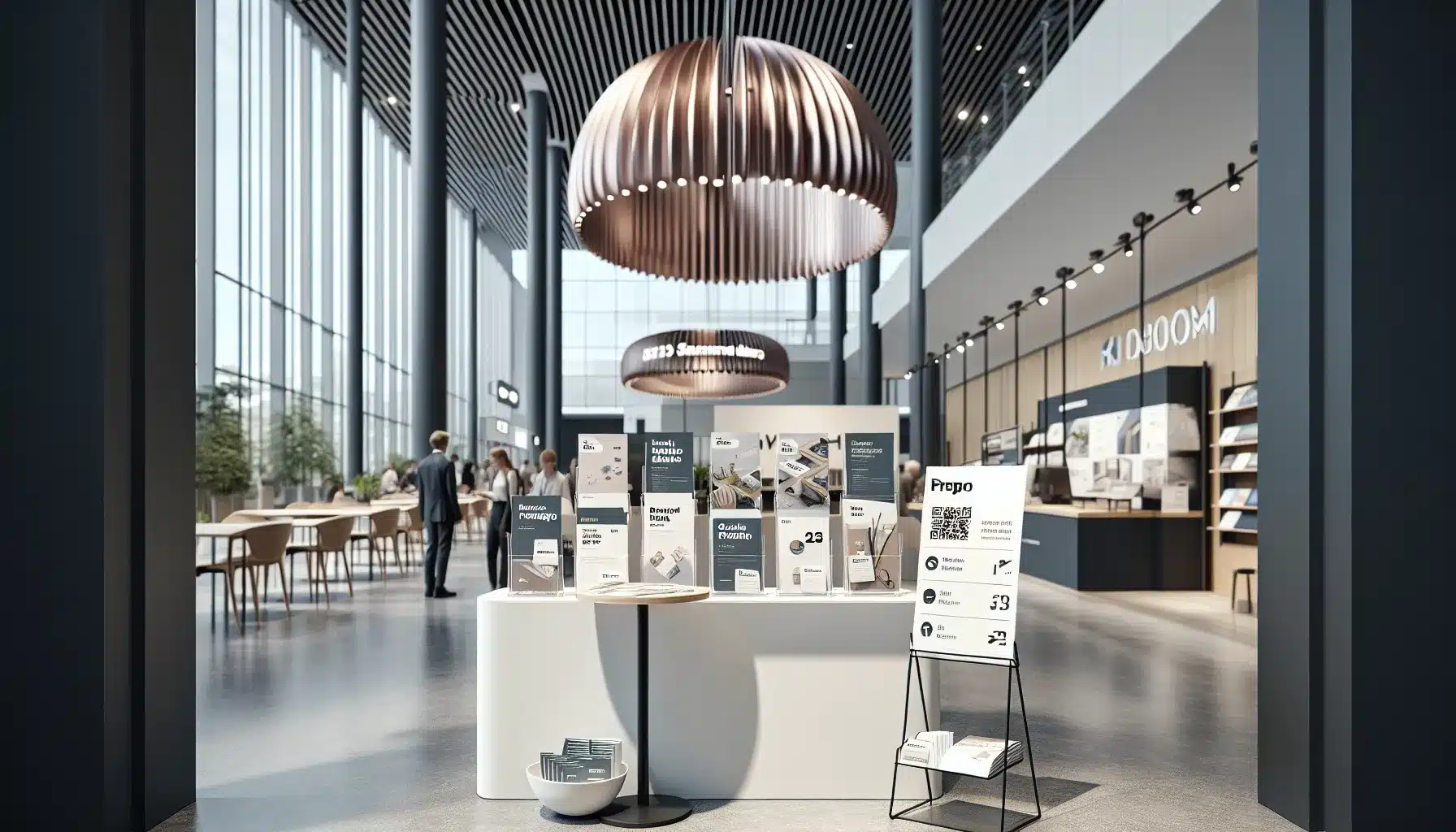 Norwegian trade fair booth with roll-up banner, brochures, business cards, and qr cards.
