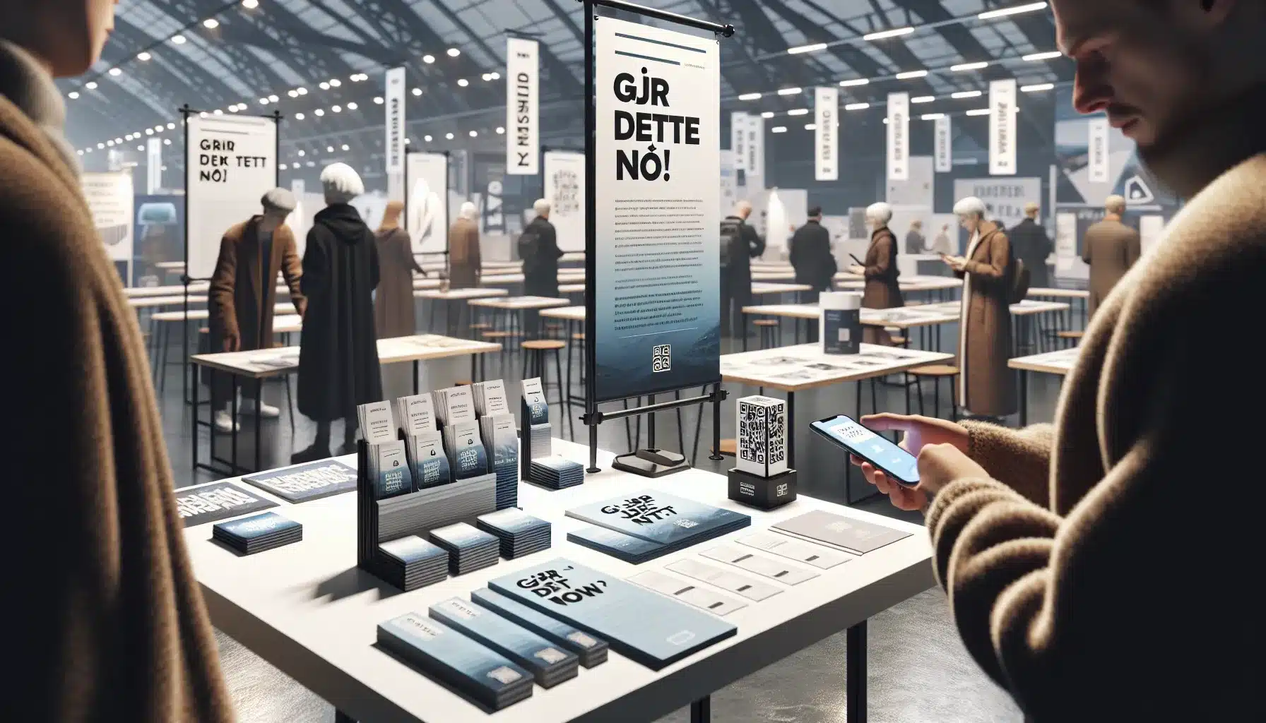 Visitor scans a qr code on branded flyers at a norwegian trade fair booth.